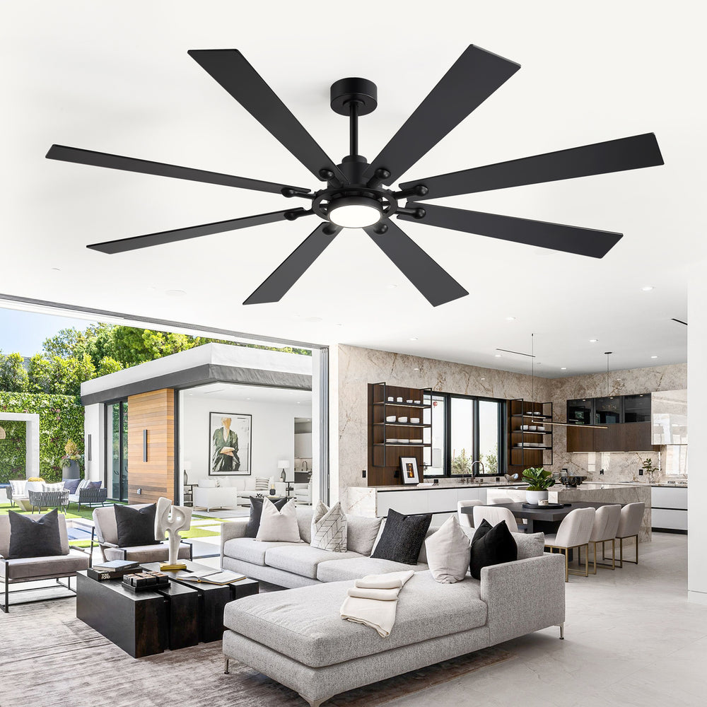 Jovora 72-inch large black 8-blade ceiling fan with light in an open plan living room kitchen marble island
