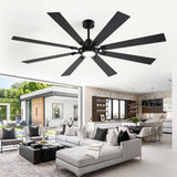 Jovora 72-inch large black 8-blade ceiling fan with light in an open plan living room kitchen marble island