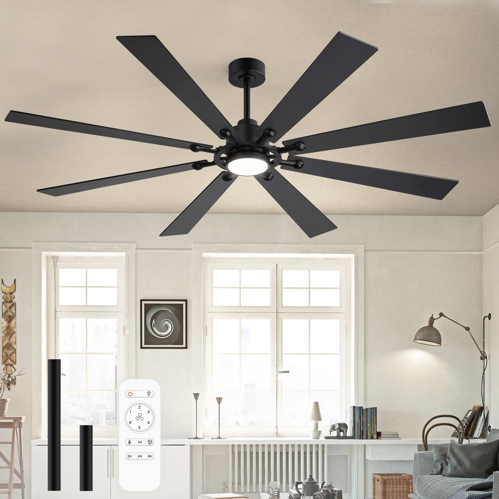 Jovora 72-inch large black 8-blade ceiling fan with light and remote in a living room near window blinds