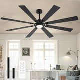 Jovora 72-inch large black 8-blade ceiling fan with light and remote in a living room near window blinds