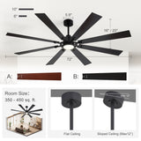 Jovora 72-inch large black 8-blade ceiling fan dimension diagram 6-inch or 10-inch downrods overall heights 16 and 20 inches rooms 350 through 450 sq ft slope maximum 12 degrees