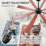 Jovora 72-inch large black 8-blade ceiling fan reversible redwood blade face noiseless DC motor under 35 dB quiet in a living room