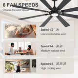 Jovora 72-inch large black 8-blade ceiling fan with light 6 speed settings low comfortable medium natural high cooling airflow