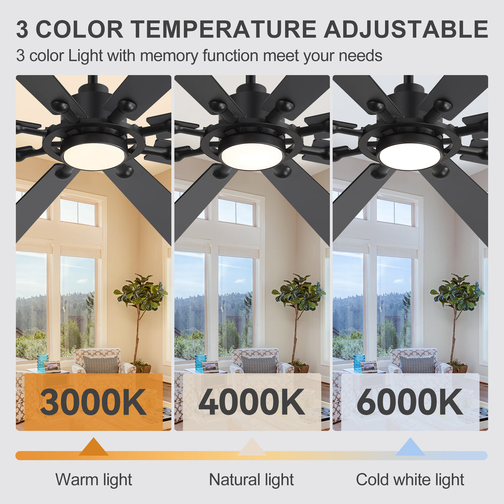 Jovora 72-inch large black 8-blade ceiling fan with 3 adjustable color temperatures 3000K warm 4000K natural 6000K cool light memory