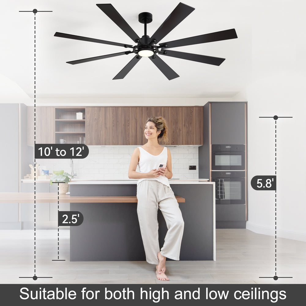 Jovora 72-inch large black 8-blade ceiling fan with light suitable for high or low room heights in a kitchen