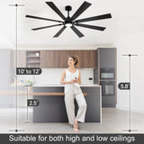 Jovora 72-inch large black 8-blade ceiling fan with light suitable for high or low room heights in a kitchen
