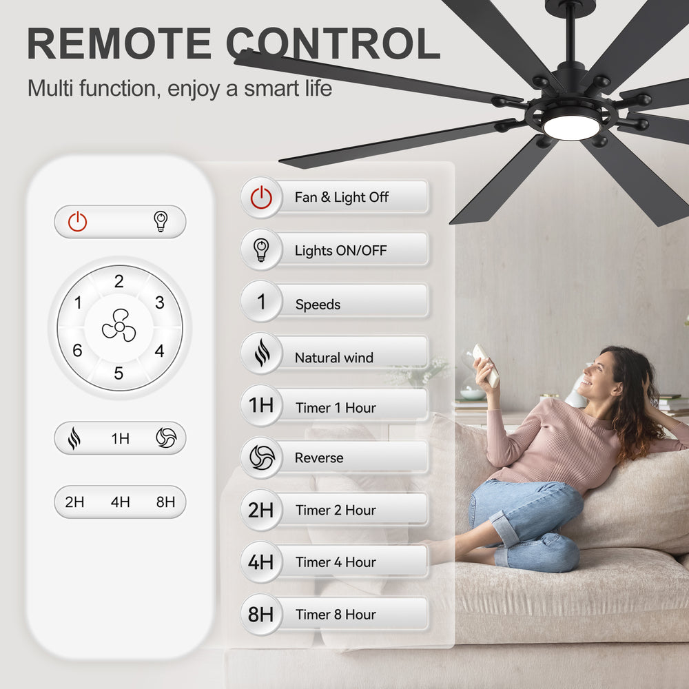 Jovora 72-inch large black 8-blade ceiling fan with light and remote control 6 speeds natural wind reverse timer 1 2 4 8 hours
