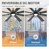 Jovora 72-inch large black 8-blade ceiling fan with light reversible DC motor winter warming summer cooling
