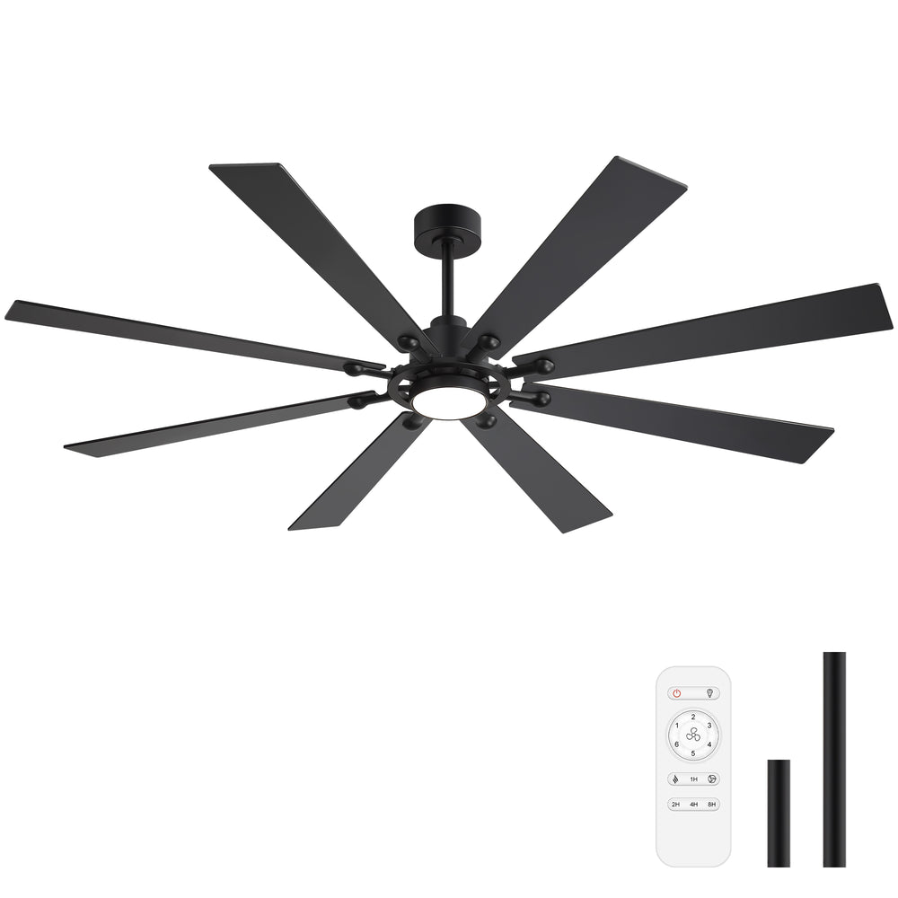 Full product view of Jovora 72-inch large black 8-blade ceiling fan with light remote and 6-inch 10-inch downrods included