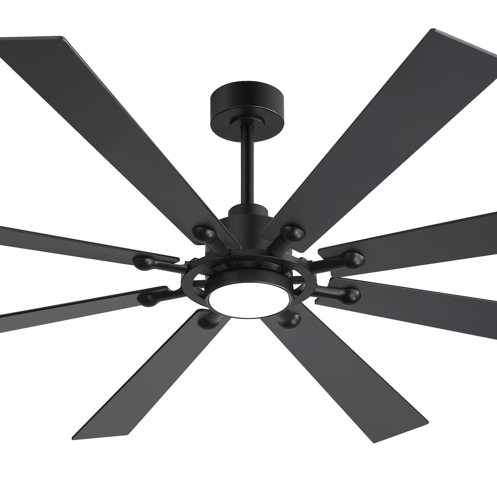 Direct top view Jovora 72-inch large black 8-blade ceiling fan with light panel off