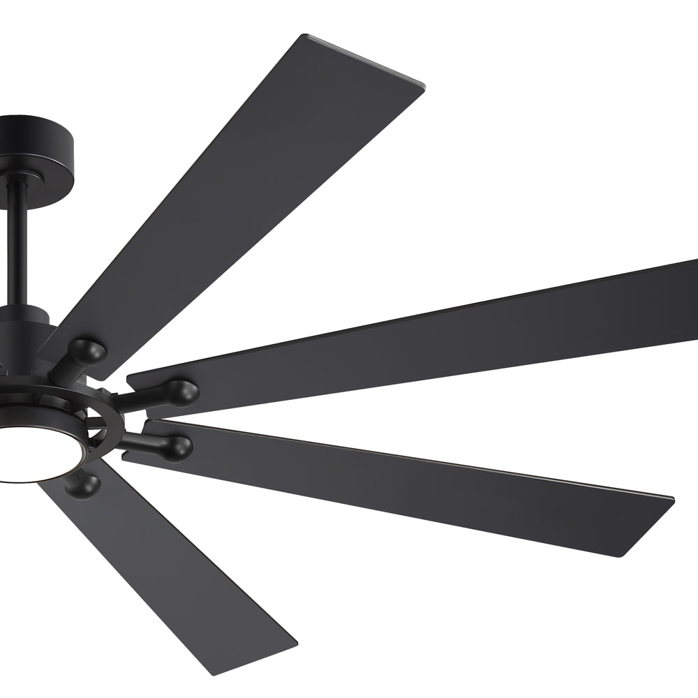 Close-up of Jovora 72-inch large black 8-blade ceiling fan mounting hardware and LED panel