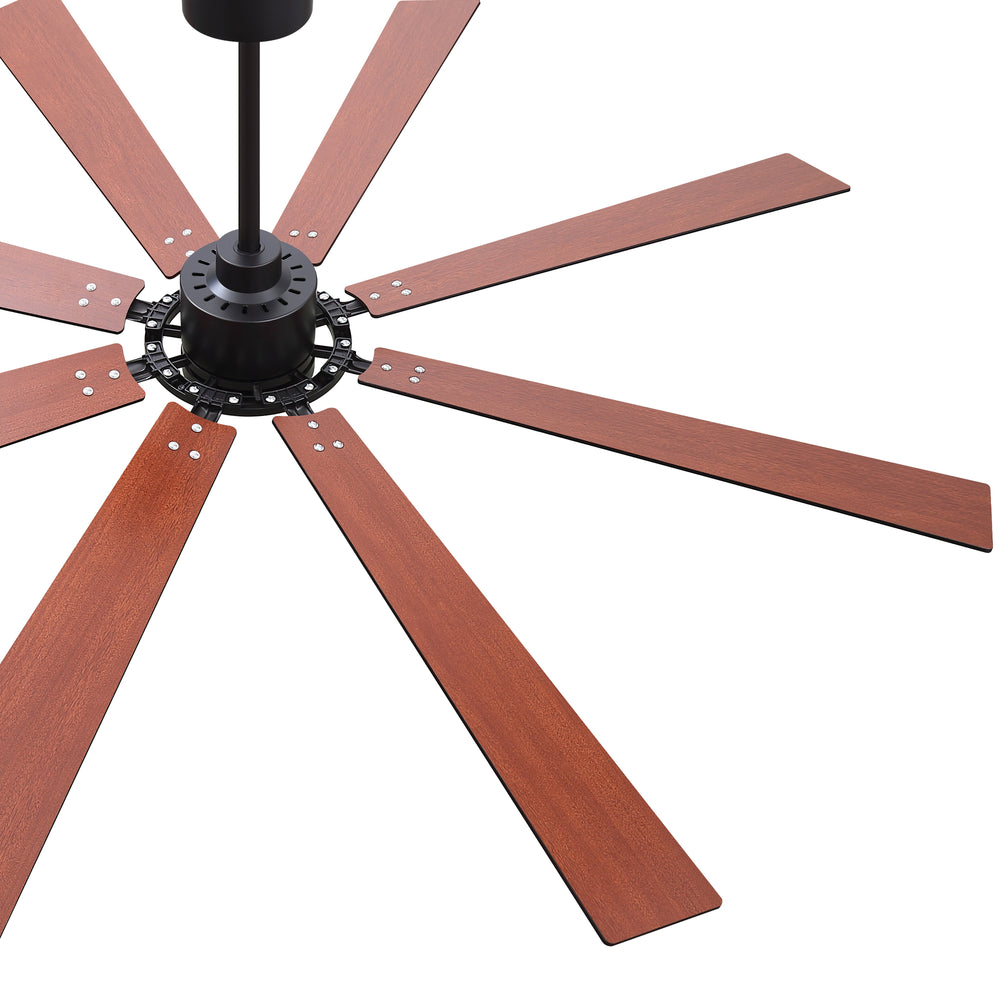 Angled overhead view of Jovora 72-inch black ceiling fan with 8 redwood blades