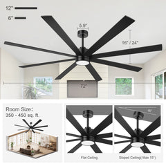 72-Inch Large Ceiling Fan with Light, Matte Black 8-Blade Ceiling Fan, Quiet DC Motor, 3CCT LED, Reversible, 6 Speeds Remote, Timer, Downrod Mount