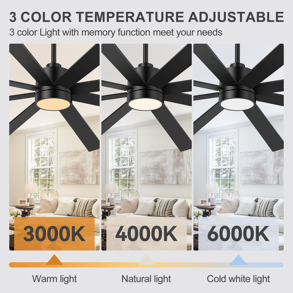 72-Inch Large Ceiling Fan with Light, Matte Black 8-Blade Ceiling Fan, Quiet DC Motor, 3CCT LED, Reversible, 6 Speeds Remote, Timer, Downrod Mount