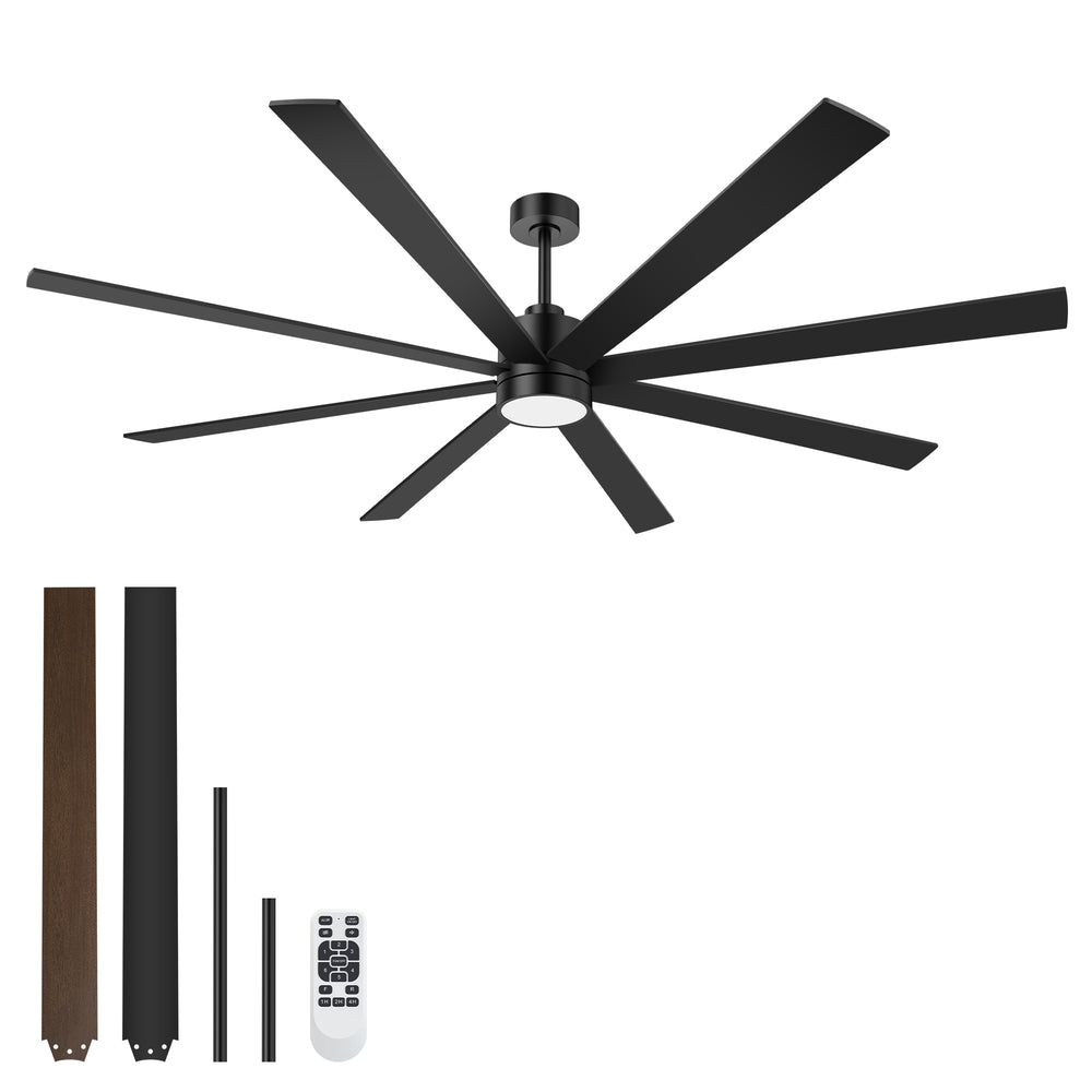 72-Inch Large Ceiling Fan with Light, Matte Black 8-Blade Ceiling Fan, Quiet DC Motor, 3CCT LED, Reversible, 6 Speeds Remote, Timer, Downrod Mount