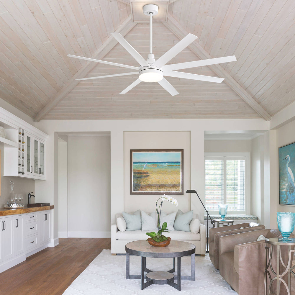 AeroSpan Lux 65-inch white 8-blade ceiling fan in a high ceiling living room