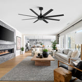 AeroSpan 65-inch black 8-blade ceiling fan in a spacious open-concept living room