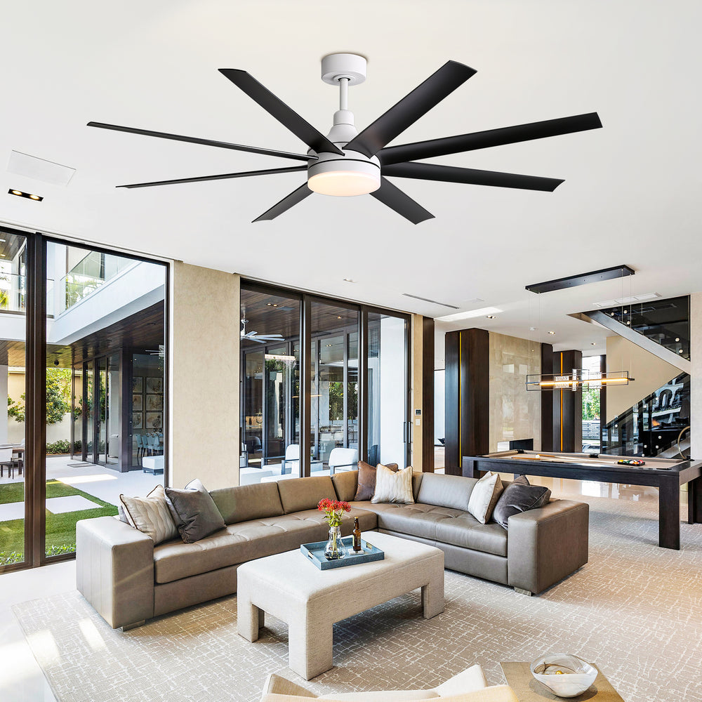 AeroSpan Lux 65-inch black and white 8-blade ceiling fan in a modern open living room