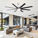 AeroSpan Lux 65-inch black and white 8-blade ceiling fan in a modern open living room
