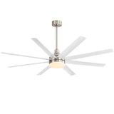 Ceiling fan with white blades and a silver finish on a white background