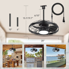 20" Plug-In Outdoor Ceiling Fan with Light, IP44 Waterproof,Matte Black Finish, 5 ABS Blades, Integrated 16W LED (3 Color Temps, Dimmable), Quiet Energy-Saving DC Motor, 6 Speeds with Timer, Remote Control, Reversible Airflow, Includes 6" & 10" Downrods