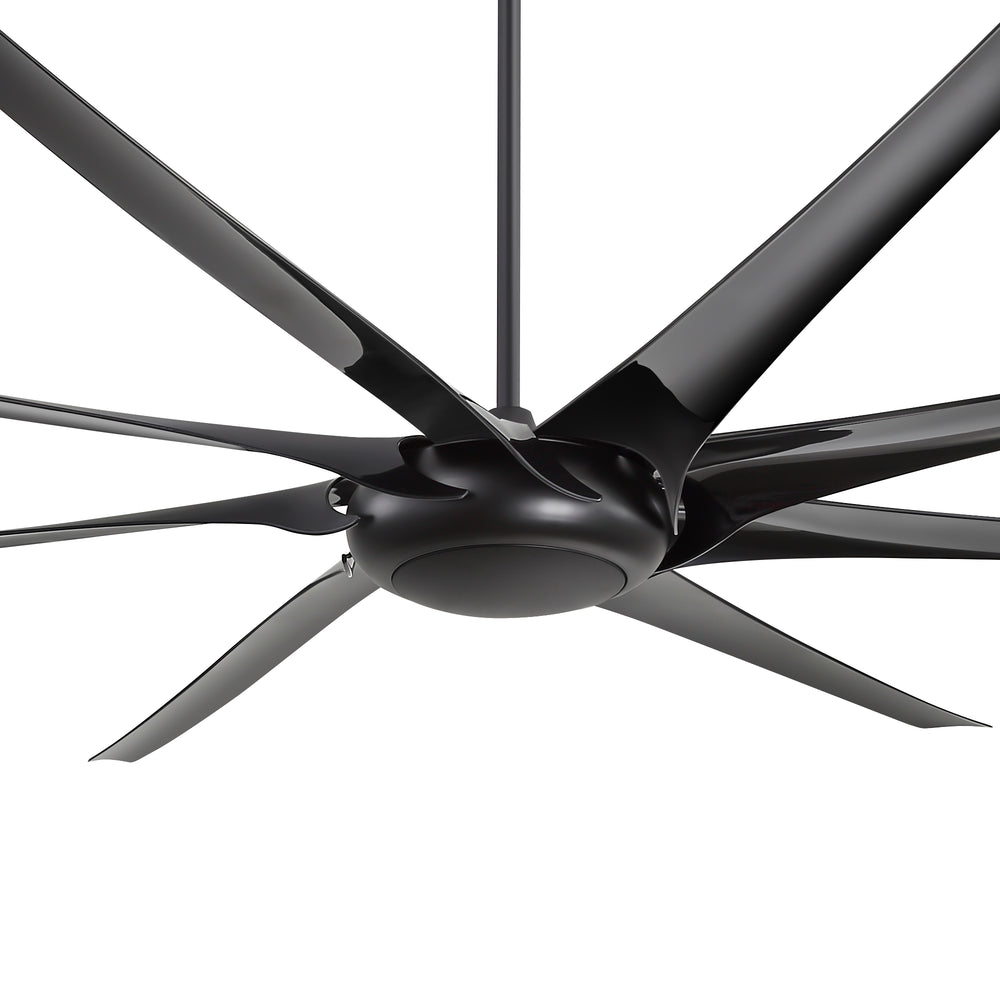 Close-up of AeroSpan-XL large black ceiling fan showing the motor housing and blade design