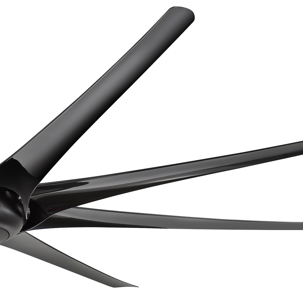 Close-up of AeroSpan-XL large black ceiling fan showing its long aerodynamic blade design