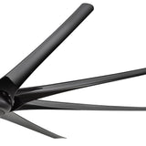 Close-up of AeroSpan-XL large black ceiling fan showing its long aerodynamic blade design