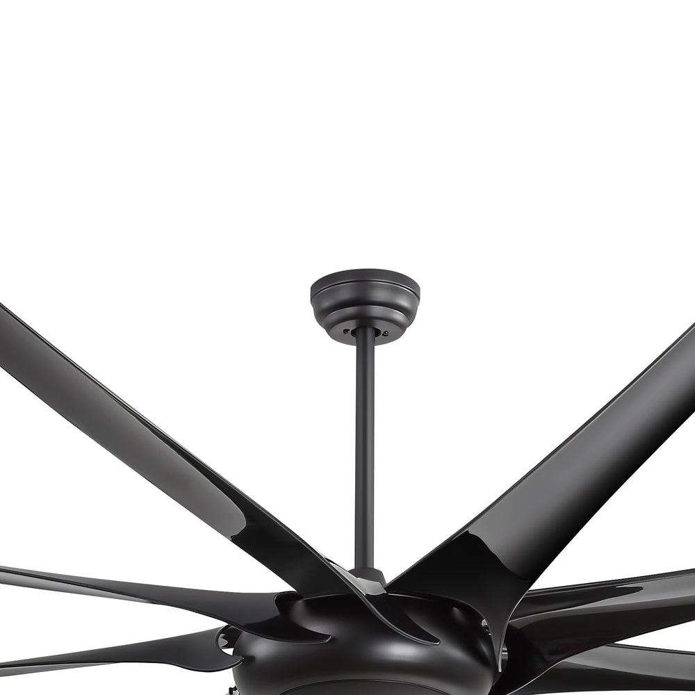 Close-up of AeroSpan-XL large black ceiling fan showing the downrod, canopy and blade design