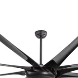 Close-up of AeroSpan-XL large black ceiling fan showing the downrod, canopy and blade design