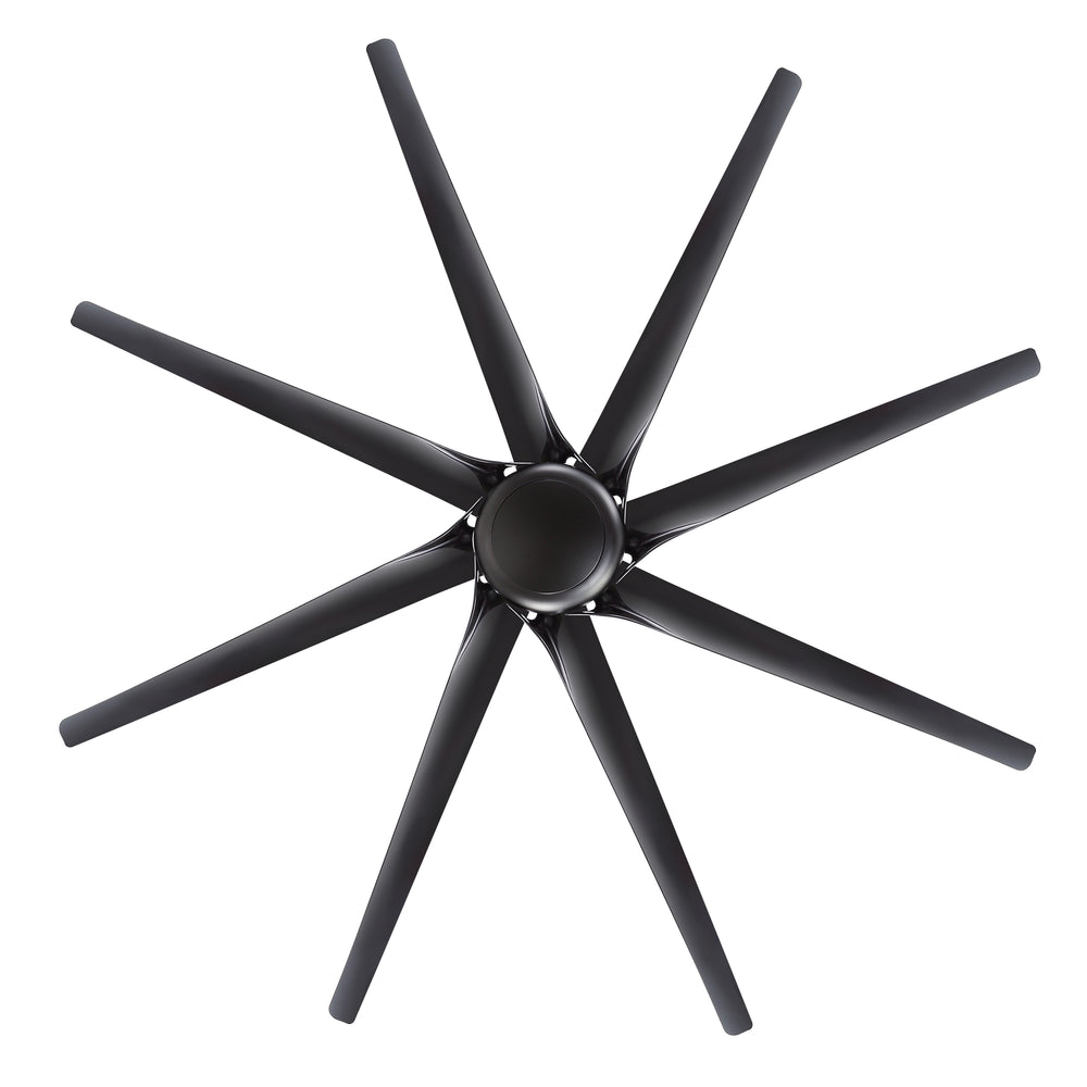 Bottom view of AeroSpan-XL large black ceiling fan showing its 10-blade design