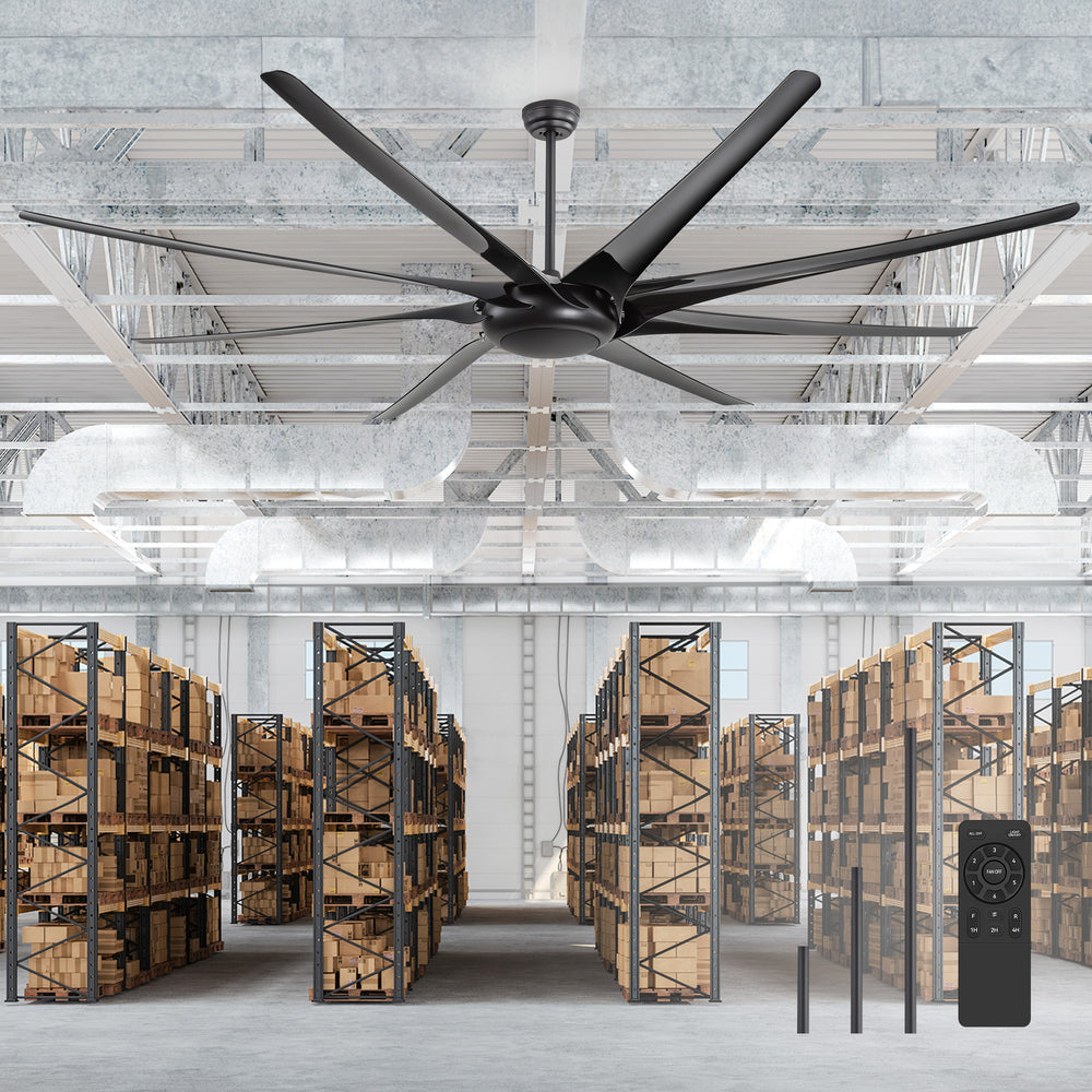 Breezary 84"/100" 8-Blade Silent 67W DC Motor Industrial HVLS Fan - Black (LED Light Options)