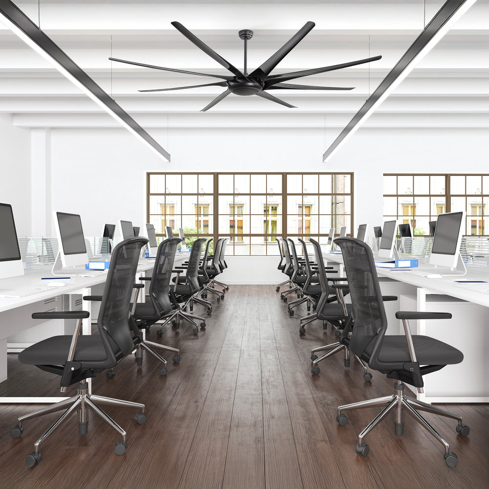 AeroSpan-XL large black ceiling fan installed in a modern open office