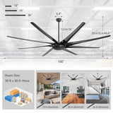 AeroSpan-XL 100-inch large black ceiling fan dimensions with 12, 24 and 36-inch downrod options for 30 x 30 ft or larger rooms