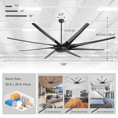 100" Oversized HVLS Ceiling Fan No Light, Matte Black Finish, 8 ABS Blades, Quiet Energy-Saving 67W DC Motor, 6 Speeds with Timer, Remote Control, Reversible Airflow for Year-Round Comfort, Includes 12"/24"/36" Downrods for Flexible Installation