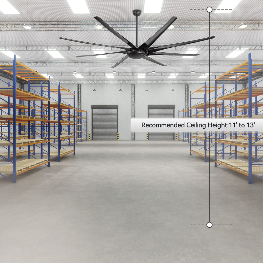 AeroSpan-XL large black ceiling fan installed in a warehouse with a recommended ceiling height of 11 to 13 feet