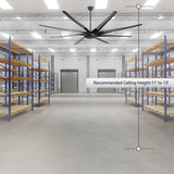 AeroSpan-XL large black ceiling fan installed in a warehouse with a recommended ceiling height of 11 to 13 feet
