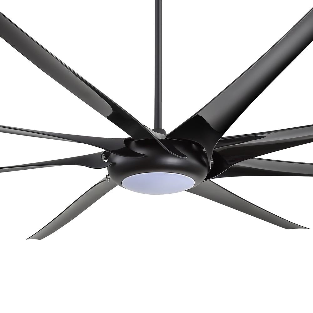 Close-up of a large black multi-blade ceiling fan with integrated LED light