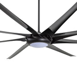 Close-up of a large black multi-blade ceiling fan with integrated LED light