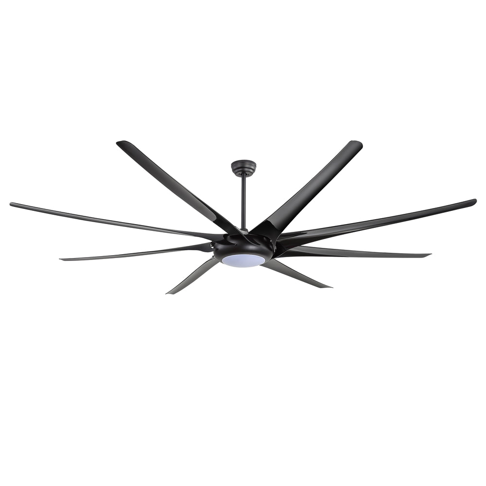 Large black multi-blade ceiling fan with integrated LED light on a white background