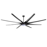 Large black multi-blade ceiling fan with integrated LED light on a white background