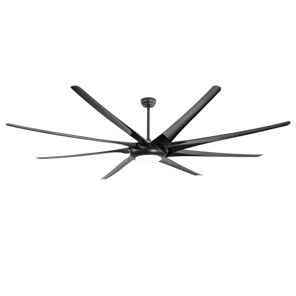 Large black multi-blade ceiling fan with integrated LED light on a white background