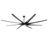 Large black multi-blade ceiling fan with integrated LED light on a white background