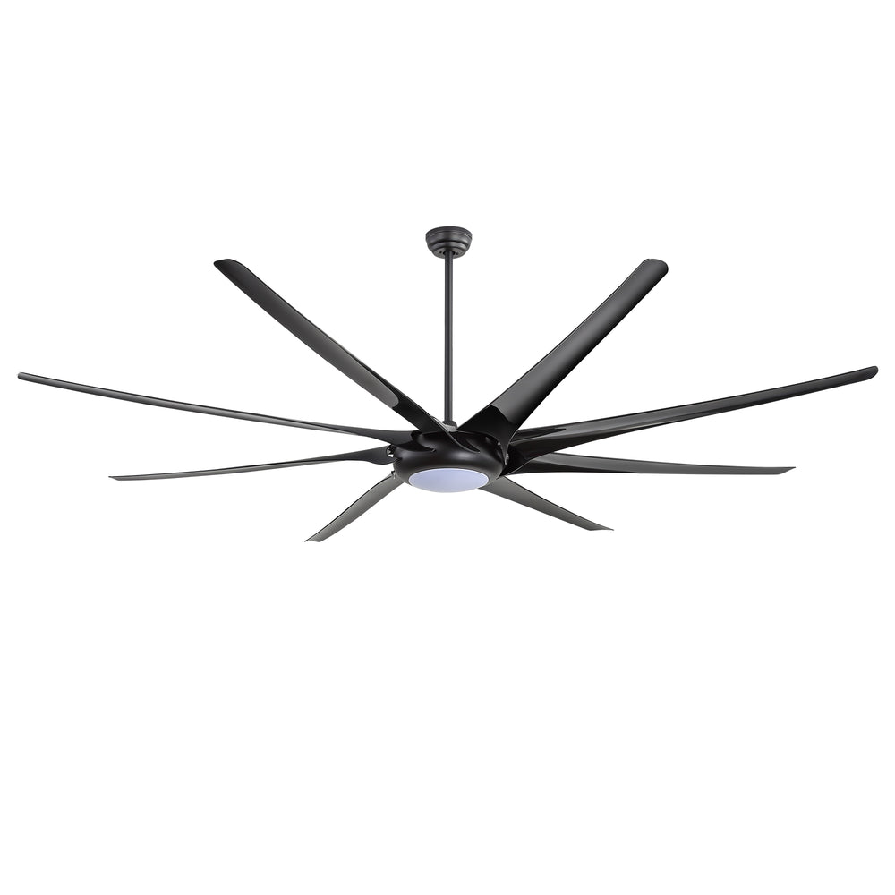 Large black ceiling fan with integrated LED light on a white background