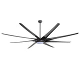 Large black ceiling fan with integrated LED light on a white background