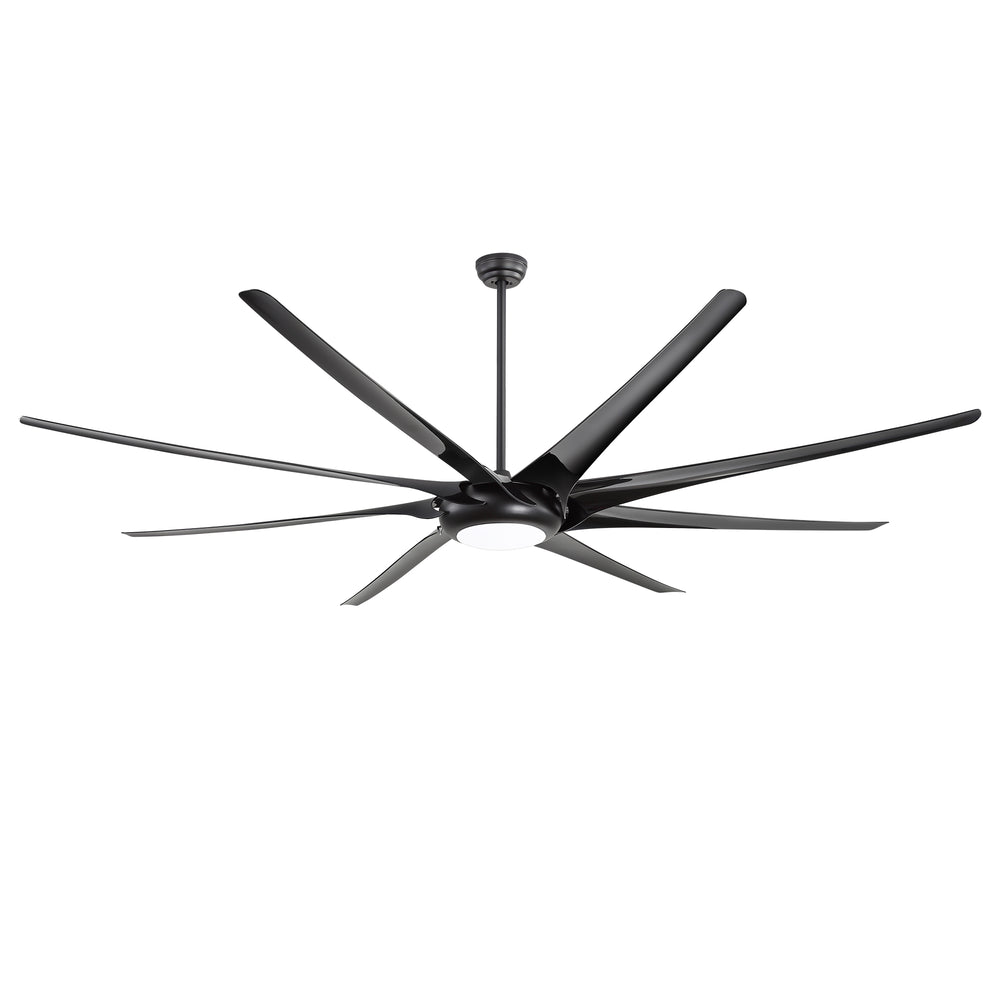 Large black multi-blade ceiling fan with integrated LED light on a white background