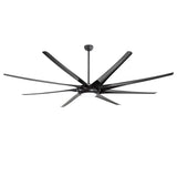 Large black multi-blade ceiling fan with integrated LED light on a white background