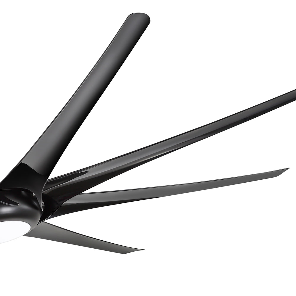 Close-up of sleek black ceiling fan blades with a curved aerodynamic design