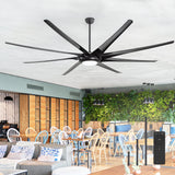 Large black ceiling fan with LED light and remote control in a modern restaurant