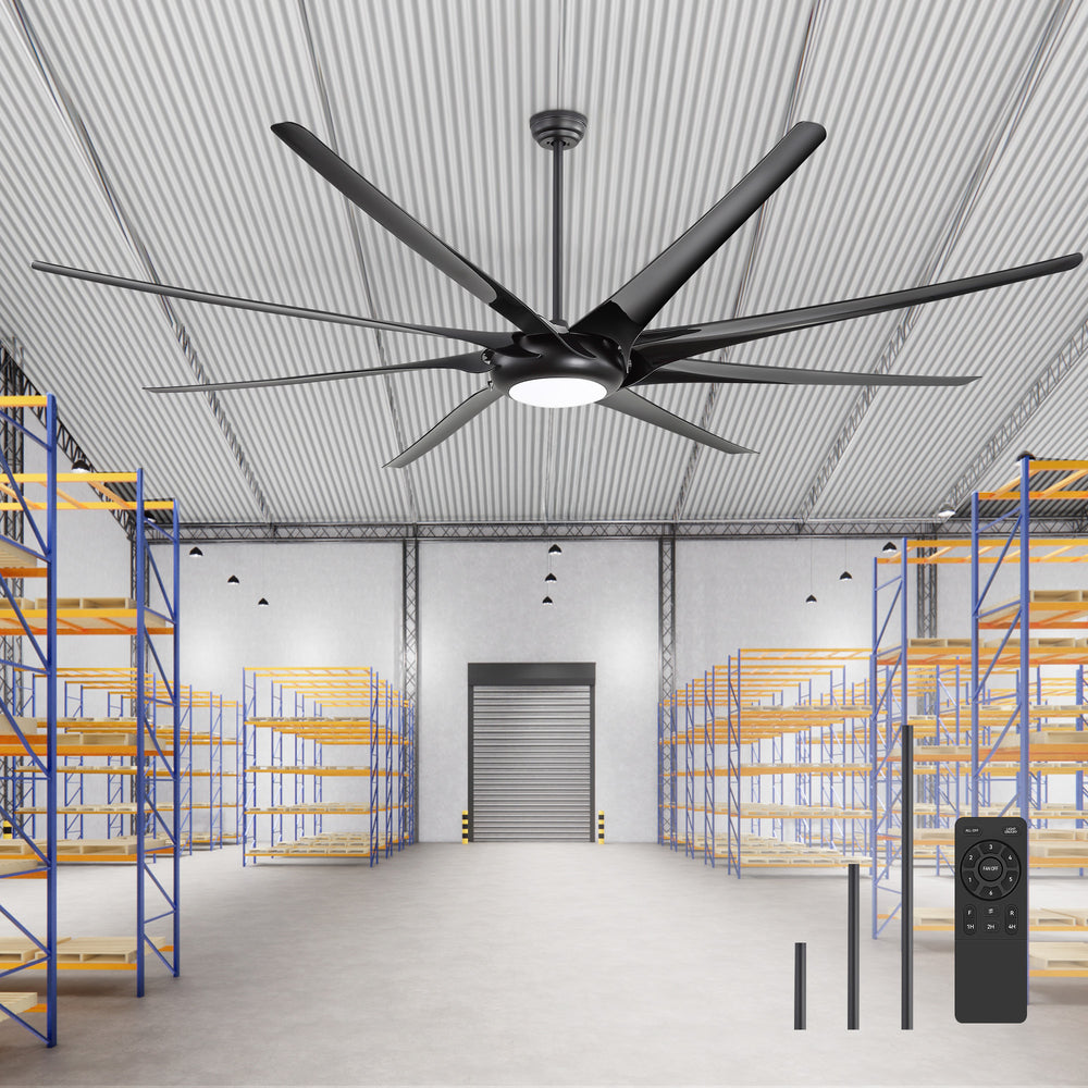 AeroSpan-XL large black ceiling fan with LED light and remote control installed in a warehouse